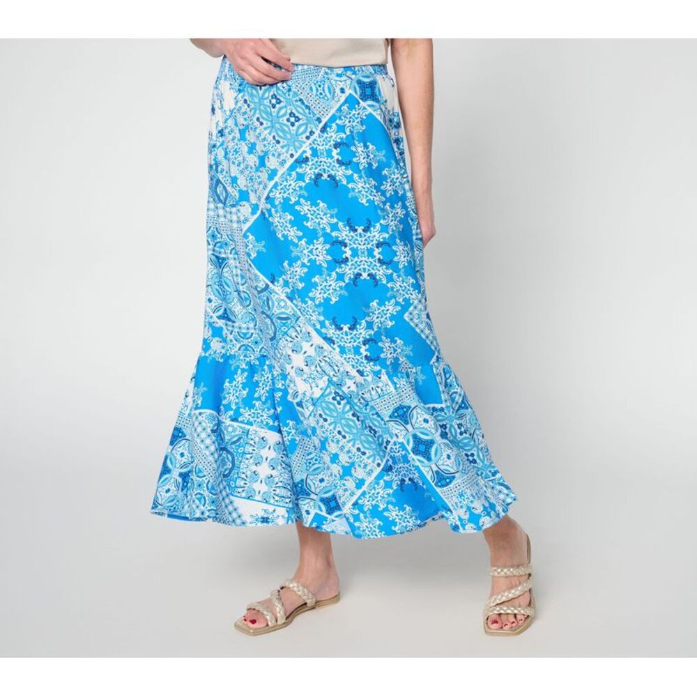 Susan Graver Women's Petite Skirt PXL Printed Dolce Woven Smocked Blue